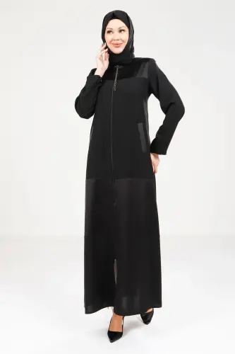 Siyah Fermuarlı Önden Cepli Garnili Kumaş Detaylı Tesettür Ferace 9208-25 - 1