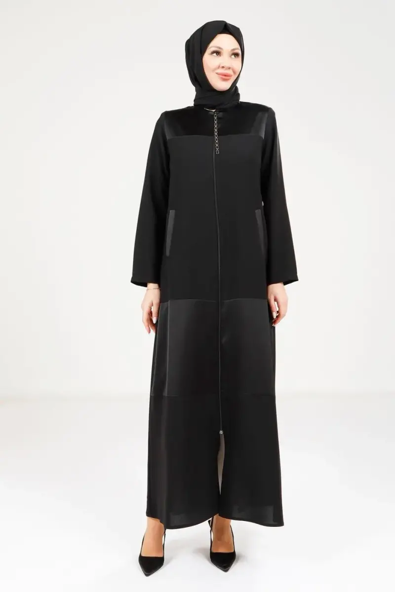 Siyah Fermuarlı Önden Cepli Garnili Kumaş Detaylı Tesettür Ferace 9208-25 - 3
