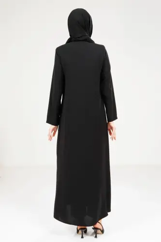 Siyah Fermuarlı Önden Cepli Garnili Kumaş Detaylı Tesettür Ferace 9208-25 - 4