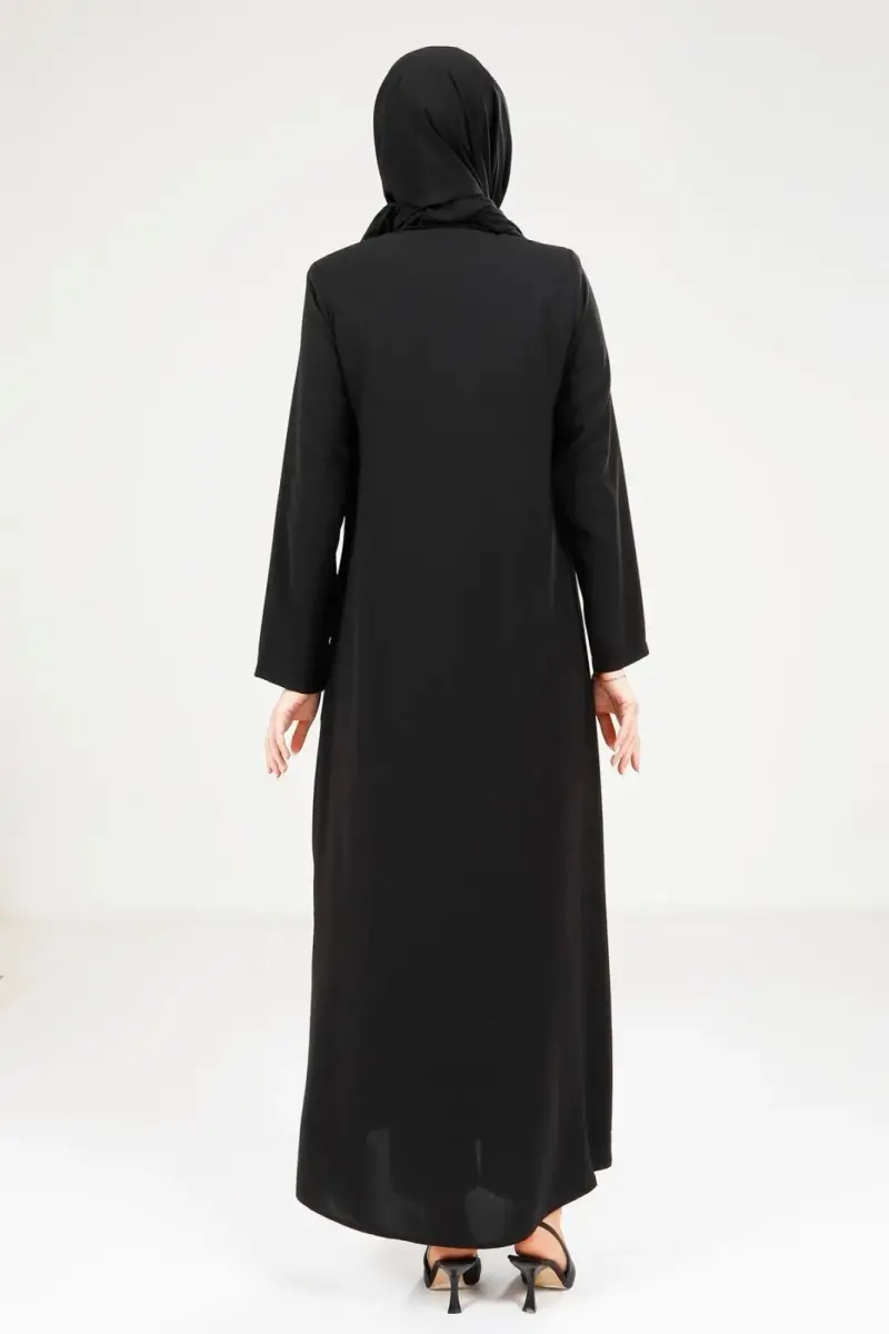 Siyah Fermuarlı Önden Cepli Garnili Kumaş Detaylı Tesettür Ferace 9208-25 - 4