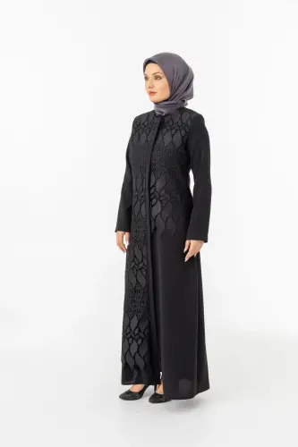 Siyah Güpürlü Gizli Fermuarlı Tesettür Ferace ZRNY 5508-25 - ihvanonline (1)