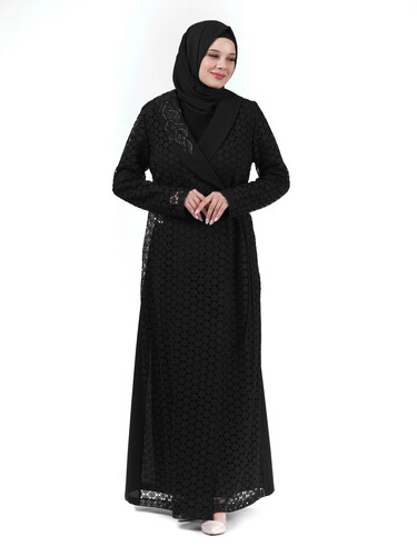 Siyah İki Parça Dantel Yakası Taş Detaylı Kruvaze Tesettür Abaya 24255 - 1