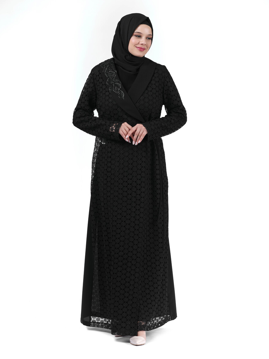 Siyah İki Parça Dantel Yakası Taş Detaylı Kruvaze Tesettür Abaya 24255 - 1