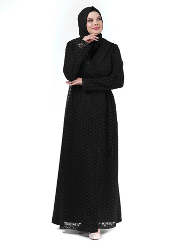 Siyah İki Parça Dantel Yakası Taş Detaylı Kruvaze Tesettür Abaya 24255 - 2