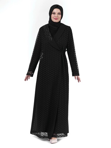 Siyah İki Parça Dantel Yakası Taş Detaylı Kruvaze Tesettür Abaya 24255 - 3