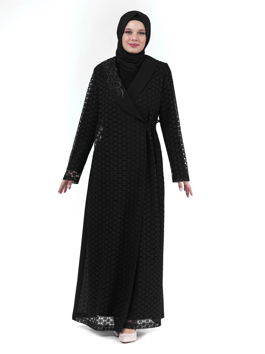Siyah İki Parça Dantel Yakası Taş Detaylı Kruvaze Tesettür Abaya 24255 - 3
