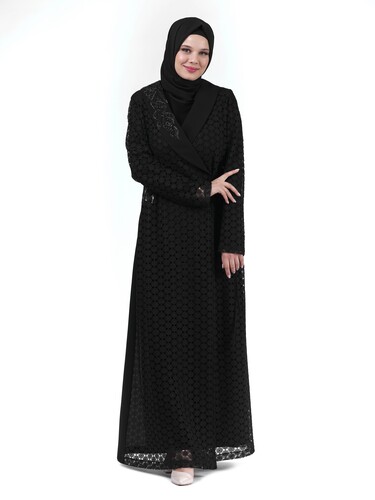 Siyah İki Parça Dantel Yakası Taş Detaylı Kruvaze Tesettür Abaya 24255 - 4