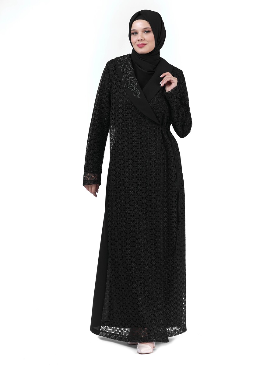 Siyah İki Parça Dantel Yakası Taş Detaylı Kruvaze Tesettür Abaya 24255 - 5