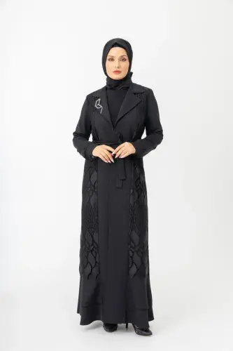 Siyah İki Parça Güpürlü Kemerli Abaya Zerenay 5509-25 - 1