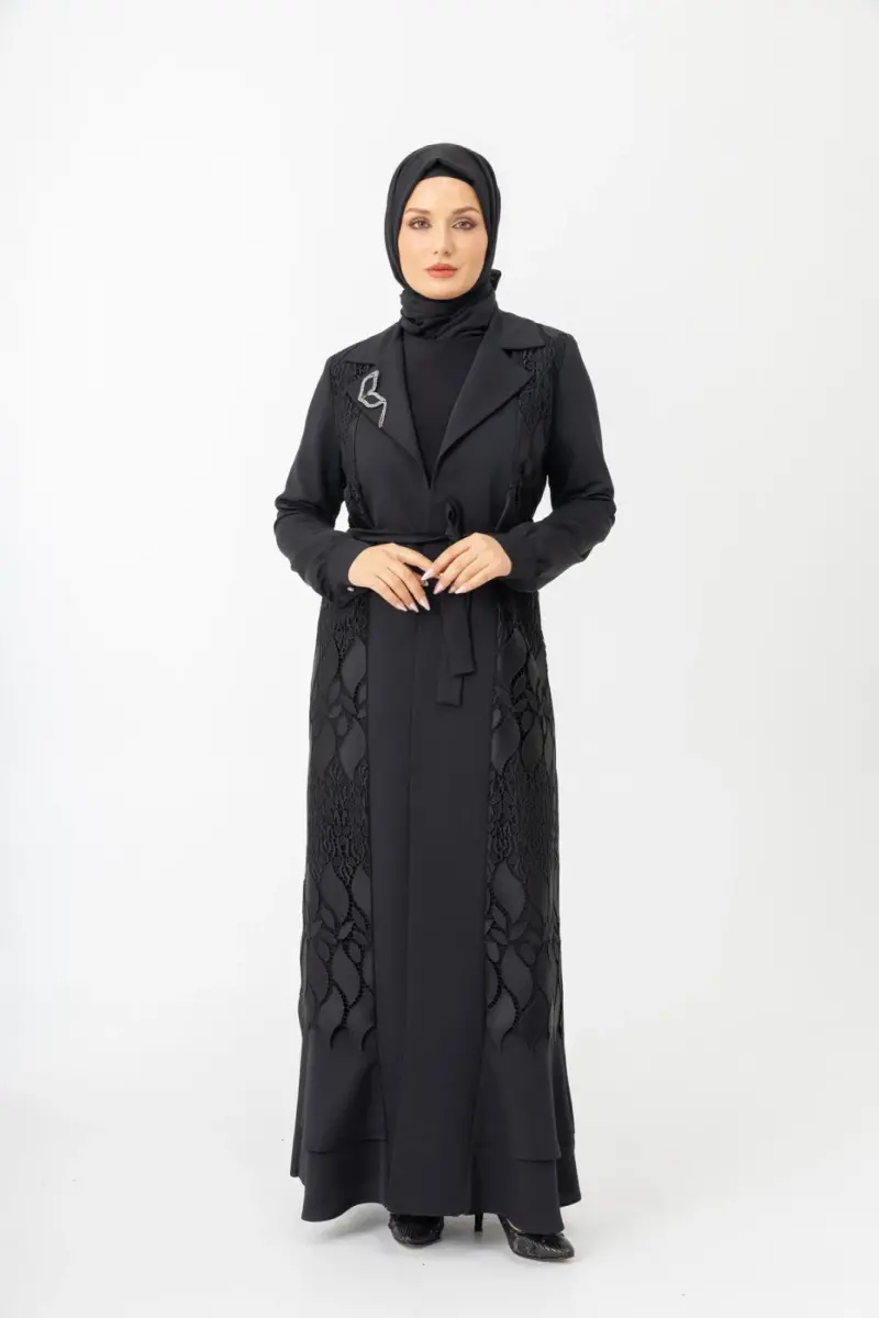 Siyah İki Parça Güpürlü Kemerli Abaya Zerenay 5509-25 - 1