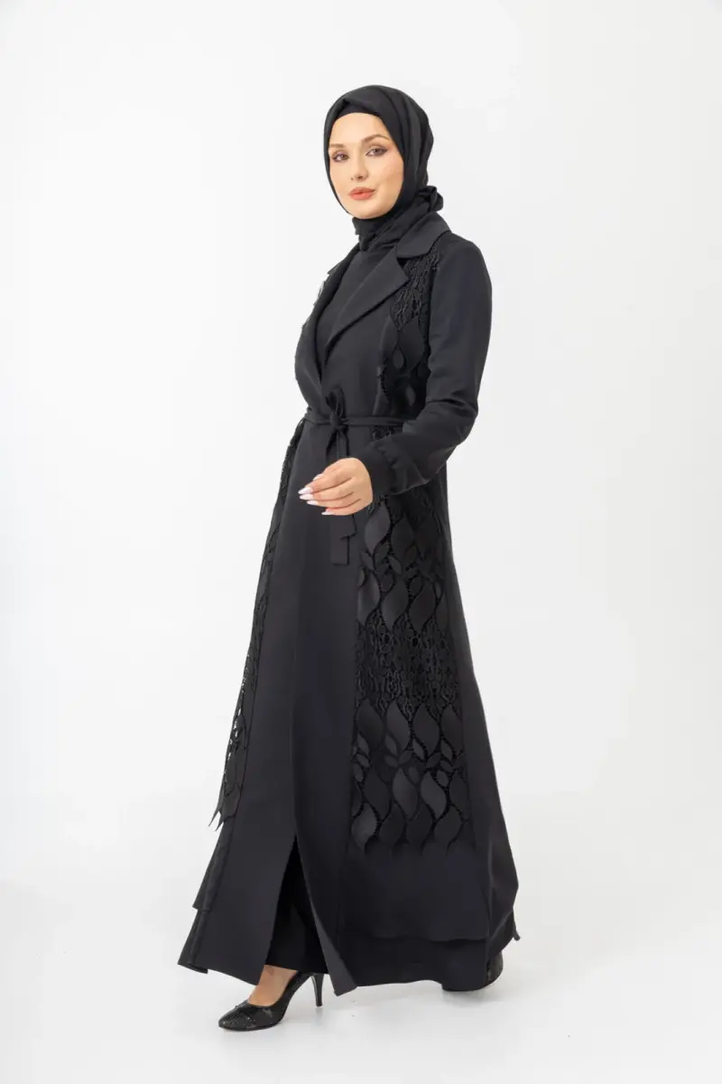 Siyah İki Parça Güpürlü Kemerli Abaya Zerenay 5509-25 - 2