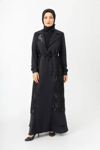 Siyah İki Parça Güpürlü Kemerli Abaya Zerenay 5509-25 - 3