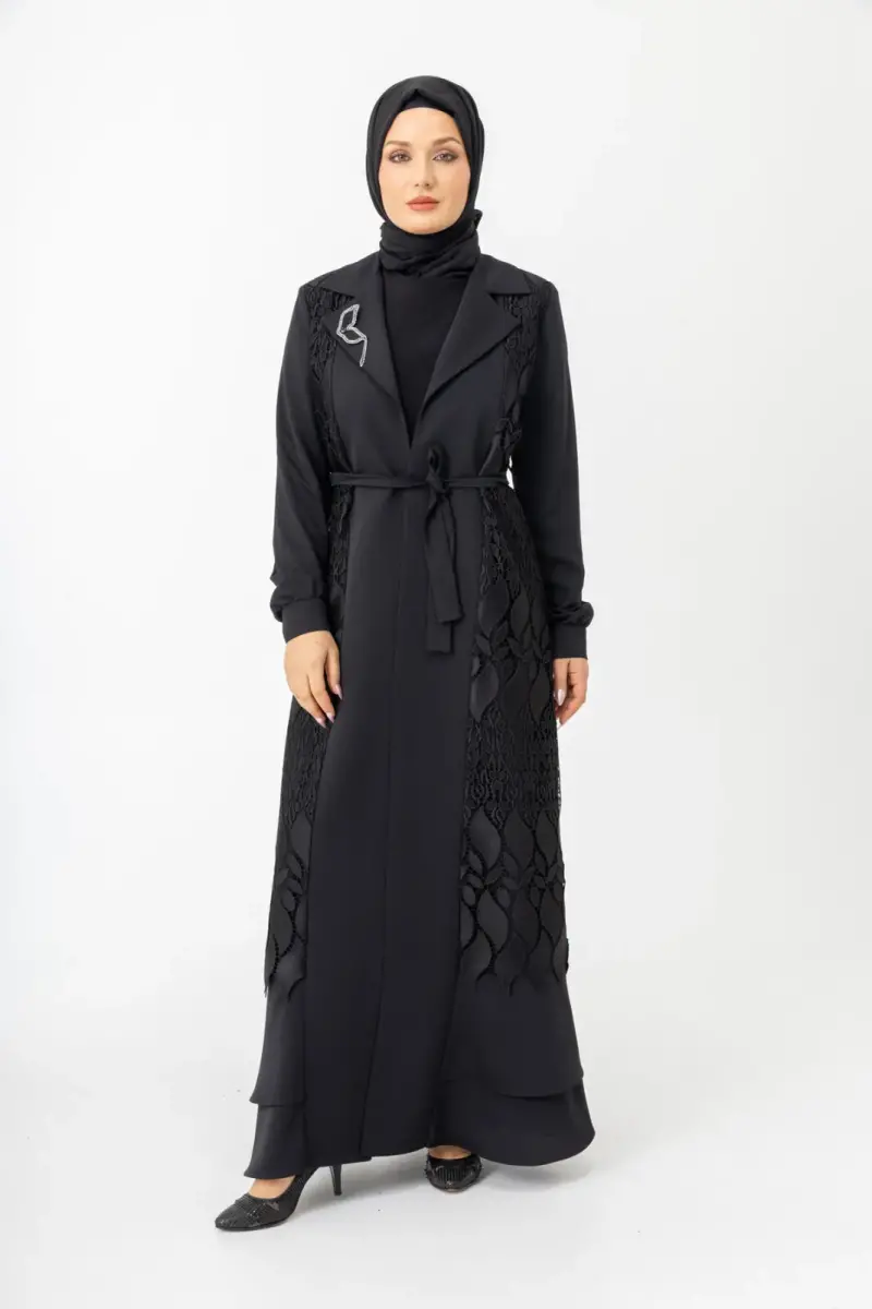 Siyah İki Parça Güpürlü Kemerli Abaya Zerenay 5509-25 - 3