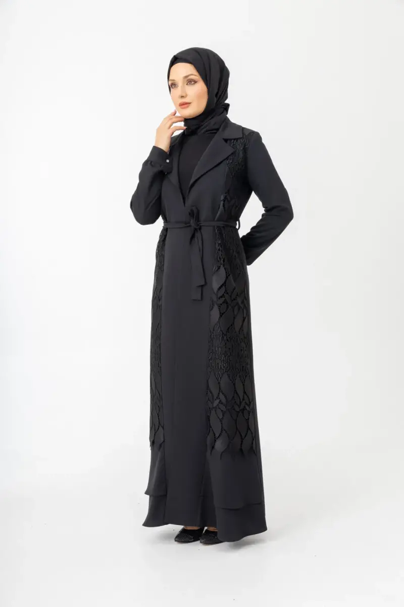 Siyah İki Parça Güpürlü Kemerli Abaya Zerenay 5509-25 - 4