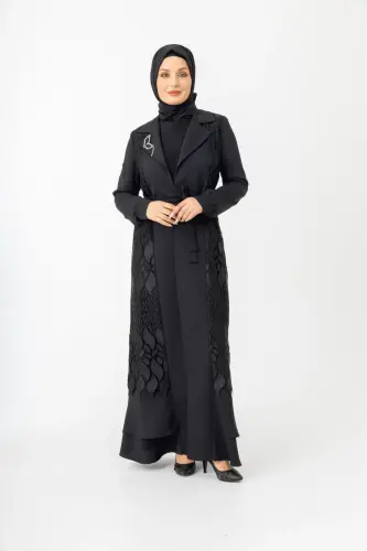 Siyah İki Parça Güpürlü Kemerli Abaya Zerenay 5509-25 - 5