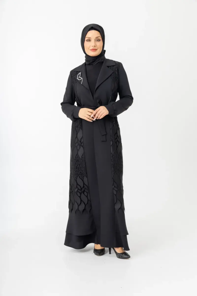 Siyah İki Parça Güpürlü Kemerli Abaya Zerenay 5509-25 - 5