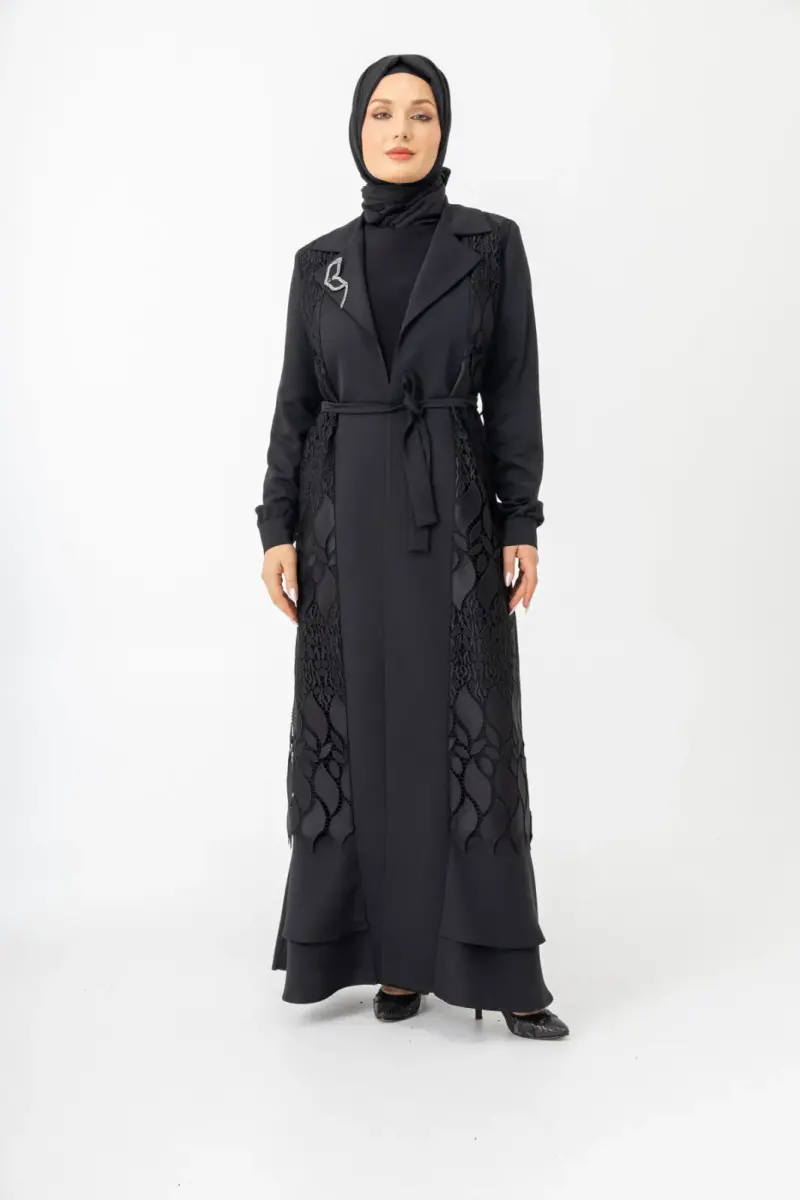 Siyah İki Parça Güpürlü Kemerli Abaya Zerenay 5509-25 - 6