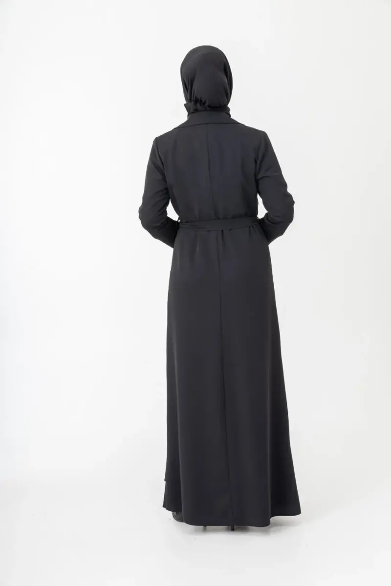 Siyah İki Parça Güpürlü Kemerli Abaya Zerenay 5509-25 - 7