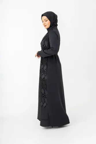 Siyah İki Parça Güpürlü Kemerli Abaya Zerenay 5509-25 - 8
