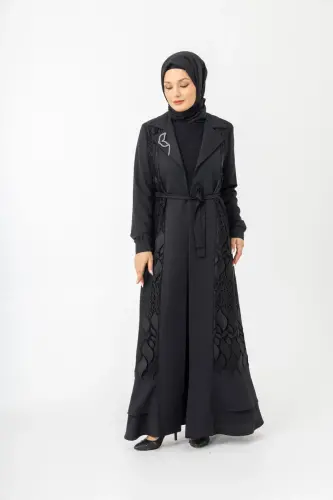 Siyah İki Parça Güpürlü Kemerli Abaya Zerenay 5509-25 - 9