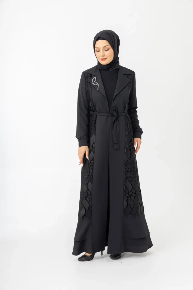 Siyah İki Parça Güpürlü Kemerli Abaya Zerenay 5509-25 - 9