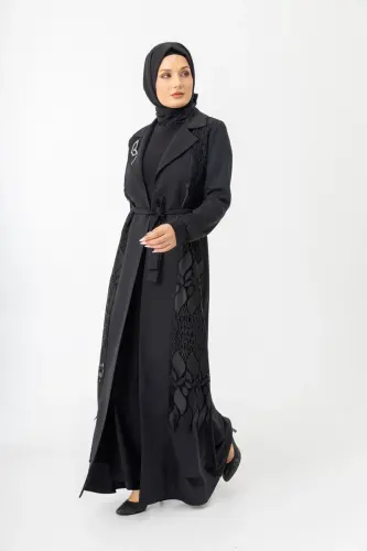 Siyah İki Parça Güpürlü Kemerli Abaya Zerenay 5509-25 - 10