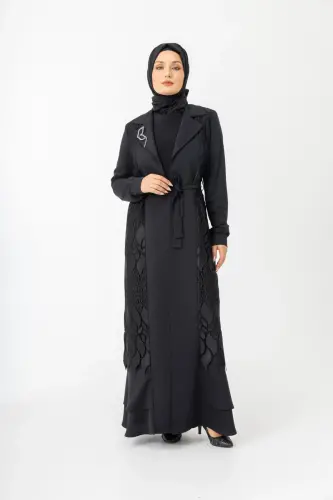 Siyah İki Parça Güpürlü Kemerli Abaya Zerenay 5509-25 - 11