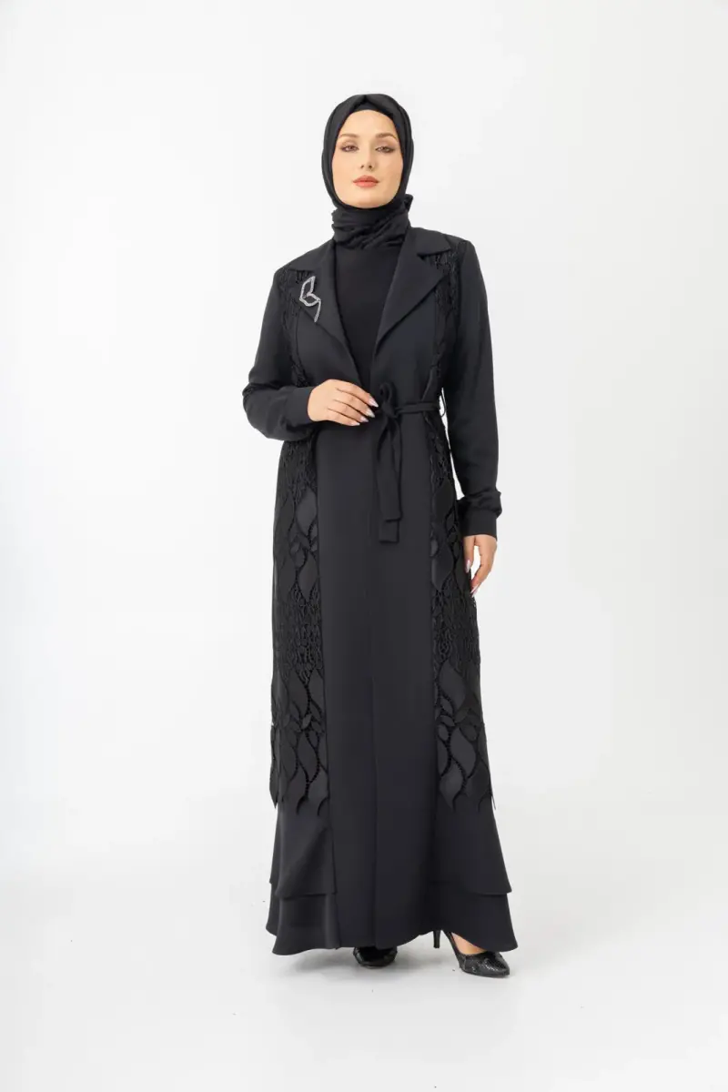 Siyah İki Parça Güpürlü Kemerli Abaya Zerenay 5509-25 - 11