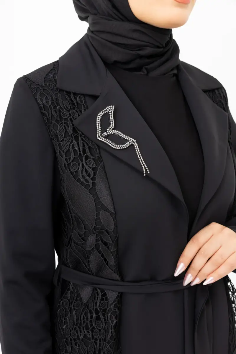 Siyah İki Parça Güpürlü Kemerli Abaya Zerenay 5509-25 - 12