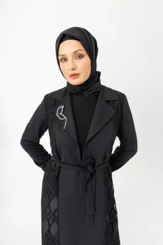 Siyah İki Parça Güpürlü Kemerli Abaya Zerenay 5509-25 - 13