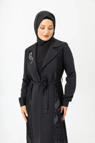 Siyah İki Parça Güpürlü Kemerli Abaya Zerenay 5509-25 - 14