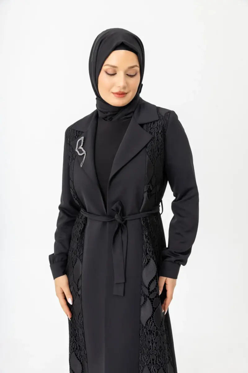 Siyah İki Parça Güpürlü Kemerli Abaya Zerenay 5509-25 - 14