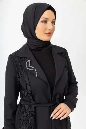 Siyah İki Parça Güpürlü Kemerli Abaya Zerenay 5509-25 - 15
