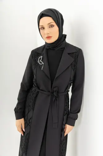 Siyah İki Parça Güpürlü Kemerli Abaya Zerenay 5509-25 - 16