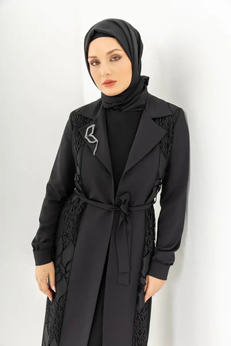 Siyah İki Parça Güpürlü Kemerli Abaya Zerenay 5509-25 - 16