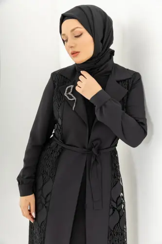 Siyah İki Parça Güpürlü Kemerli Abaya Zerenay 5509-25 - 17
