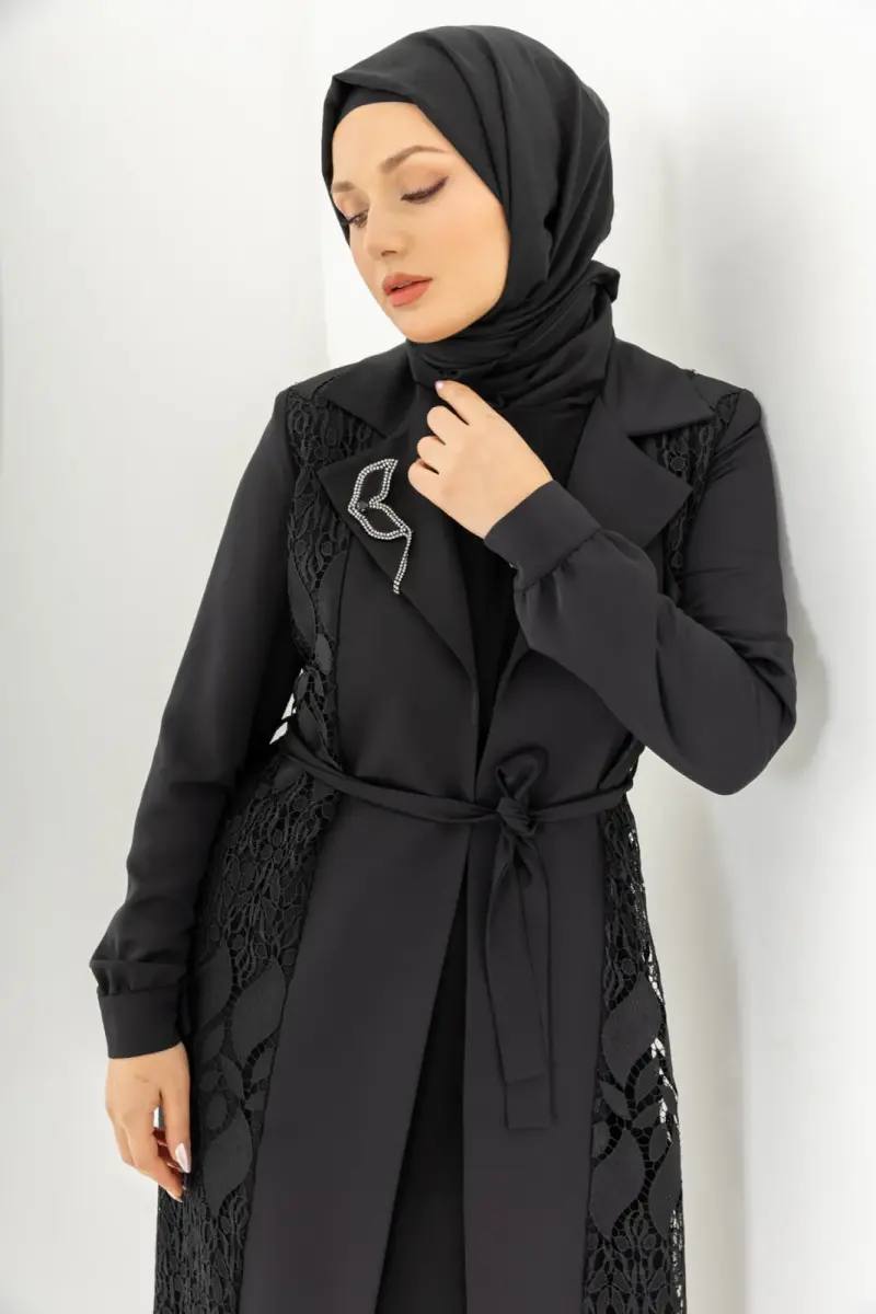 Siyah İki Parça Güpürlü Kemerli Abaya Zerenay 5509-25 - 17