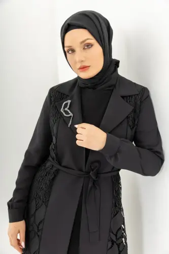 Siyah İki Parça Güpürlü Kemerli Abaya Zerenay 5509-25 - 18