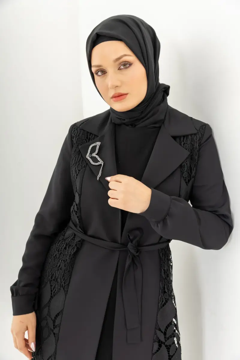 Siyah İki Parça Güpürlü Kemerli Abaya Zerenay 5509-25 - 18