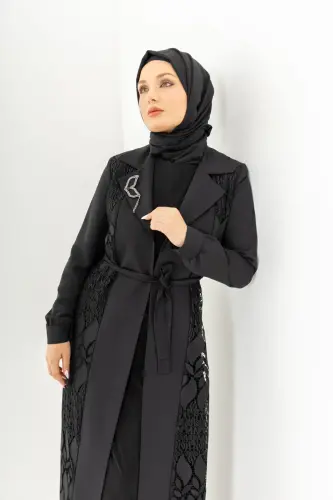 Siyah İki Parça Güpürlü Kemerli Abaya Zerenay 5509-25 - 19