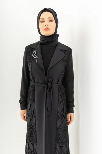 Siyah İki Parça Güpürlü Kemerli Abaya Zerenay 5509-25 - 20