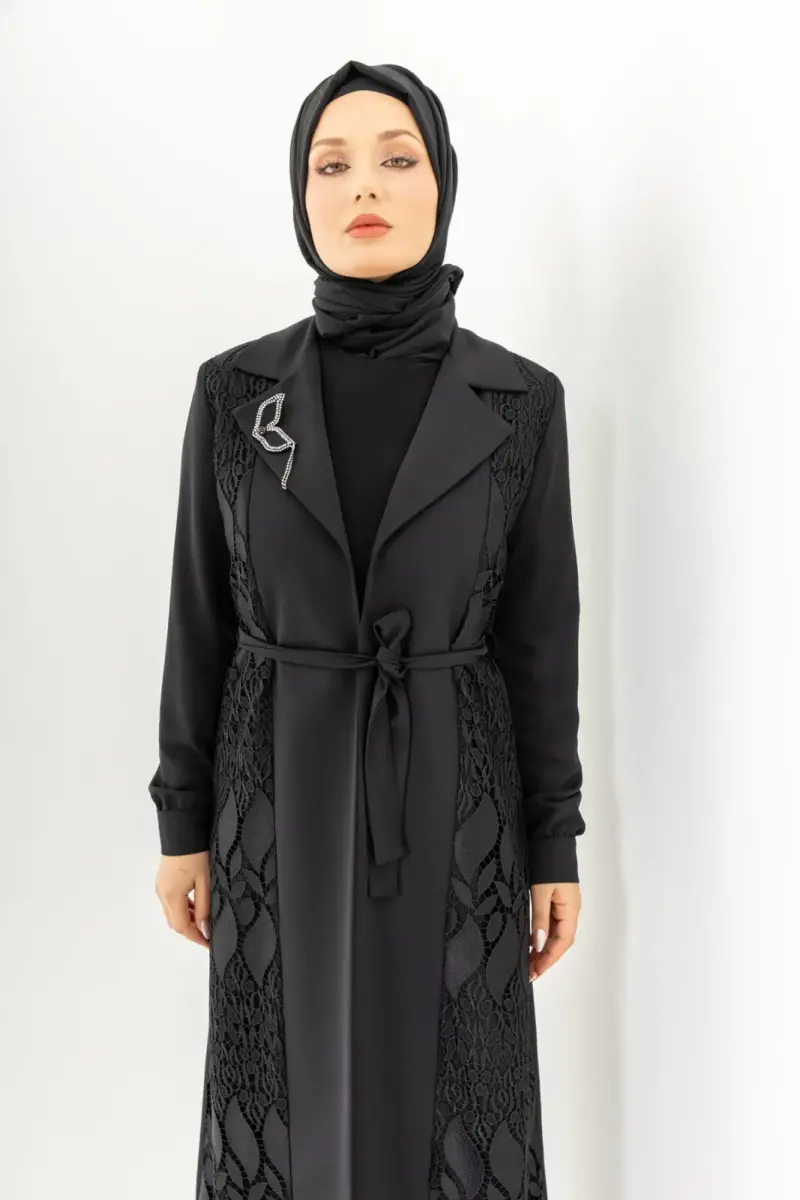 Siyah İki Parça Güpürlü Kemerli Abaya Zerenay 5509-25 - 20