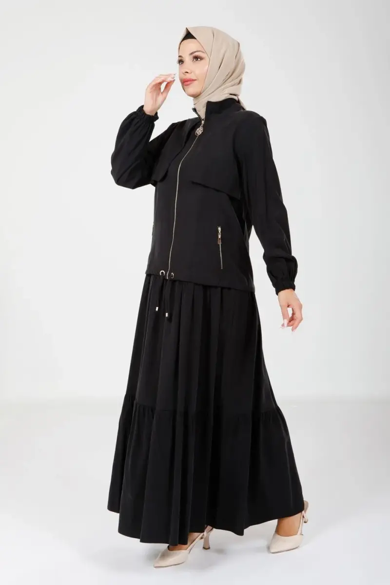 Siyah İki Parça Hakim Yaka Kolu Lastikli Ceketli Elbise 9102-25 - 2