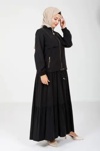 Siyah İki Parça Hakim Yaka Kolu Lastikli Ceketli Elbise 9102-25 - 3
