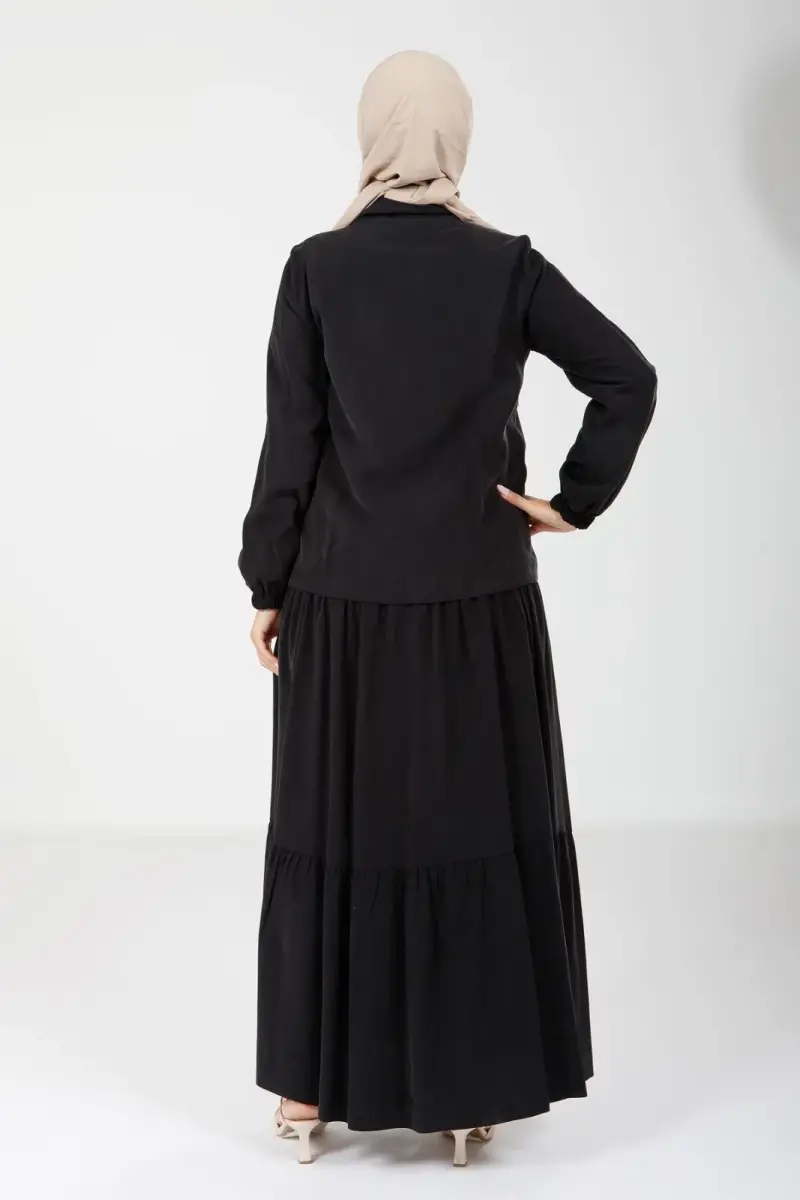 Siyah İki Parça Hakim Yaka Kolu Lastikli Ceketli Elbise 9102-25 - 4