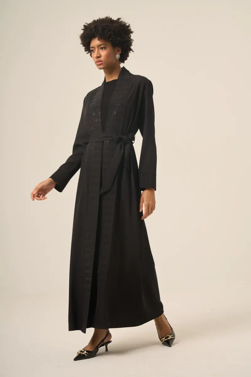 Si̇yah İki̇ Parça Kare Taşlı Seyyar Kemerli̇ Abaya - 6508-25 Siyah - 1