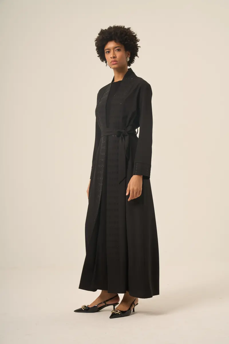 Si̇yah İki̇ Parça Kare Taşlı Seyyar Kemerli̇ Abaya - 6508-25 Siyah - 2