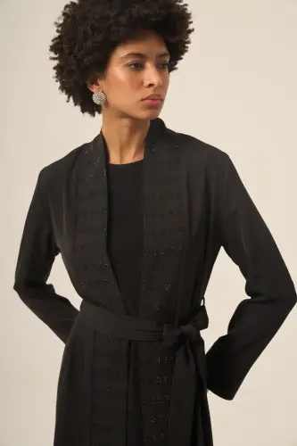 Si̇yah İki̇ Parça Kare Taşlı Seyyar Kemerli̇ Abaya - 6508-25 Siyah - 3