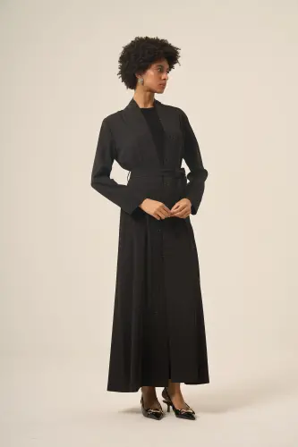 Si̇yah İki̇ Parça Kare Taşlı Seyyar Kemerli̇ Abaya - 6508-25 Siyah - 4