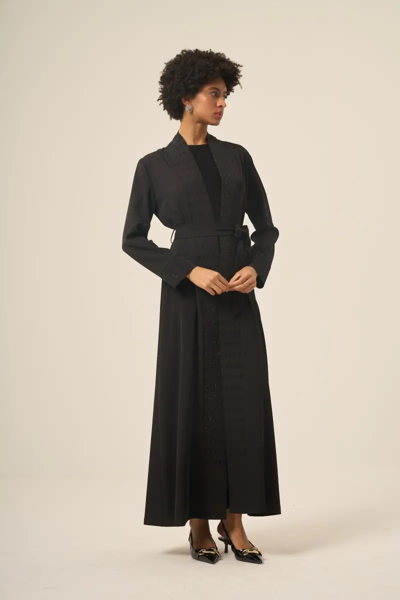 Si̇yah İki̇ Parça Kare Taşlı Seyyar Kemerli̇ Abaya - 6508-25 Siyah - 4
